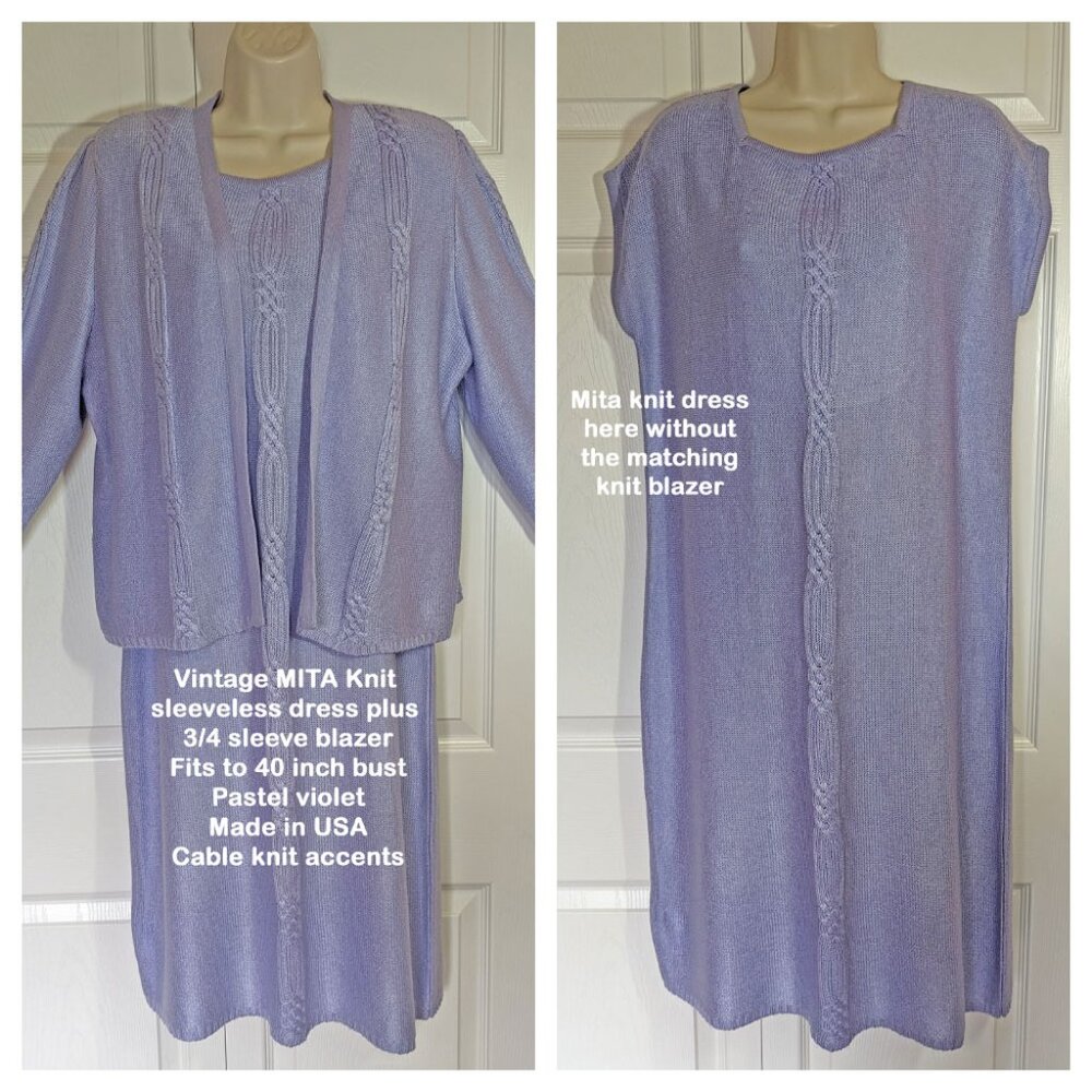 VTG MITA Knit sleeveless dress & 3/4 sleeve blazer 40" bust, Made in USA, Violet